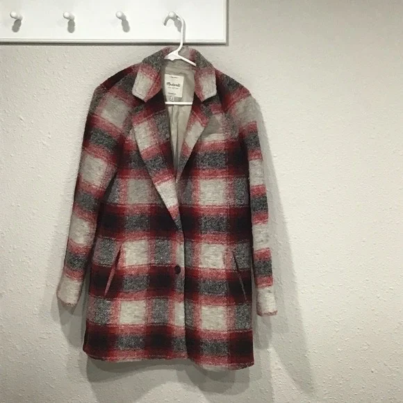 Madewell Red Plaid Wool Blend Peacoat Jacket XS Mid Length Winter Coat Classic - Picture 4 of 8